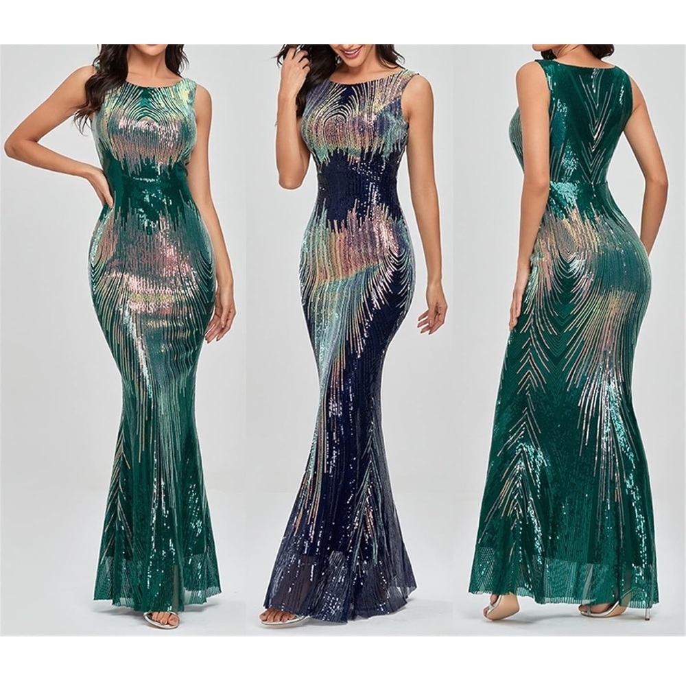 Elegant Green and Blue Sequin Evening Gown